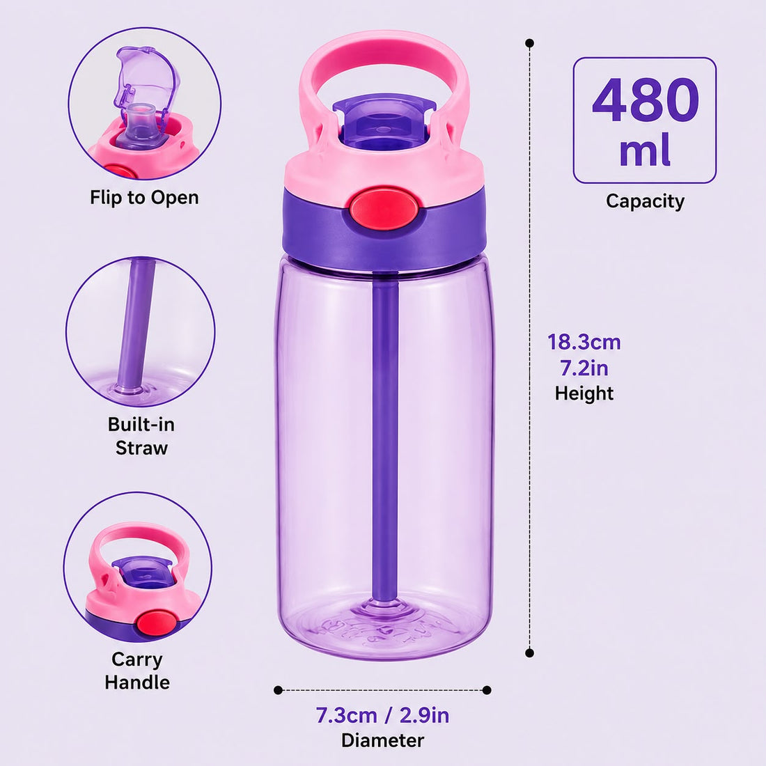 בקבוק שתייה לילדים 480 מ״ל בהתאמה אישית עם שם