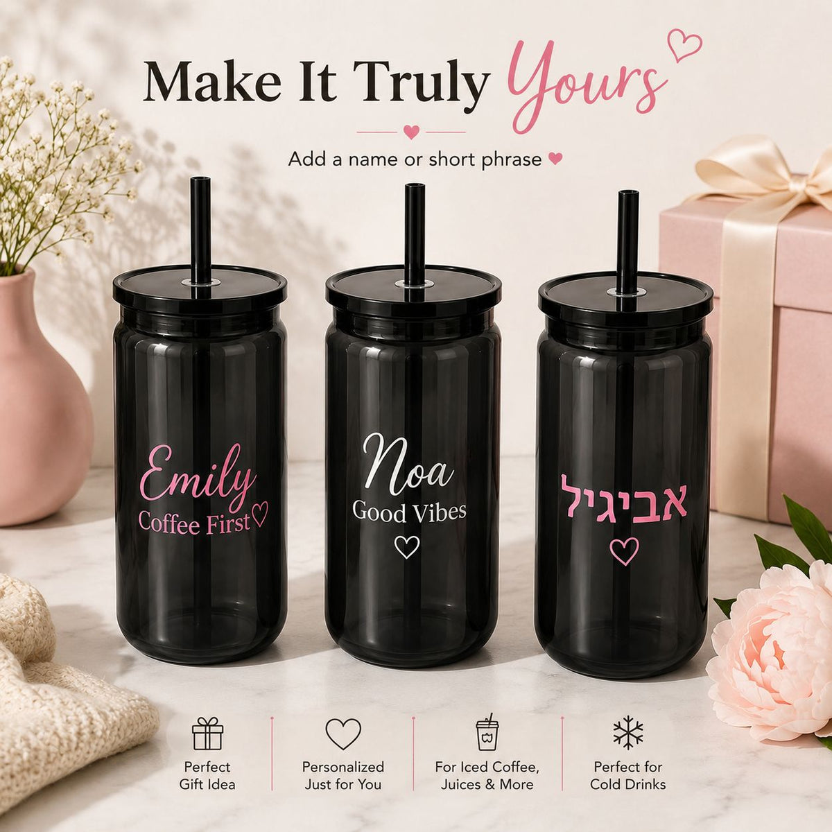 כוס שחורה אישית עם מכסה וקש 473 מ״ל – תמונה 3